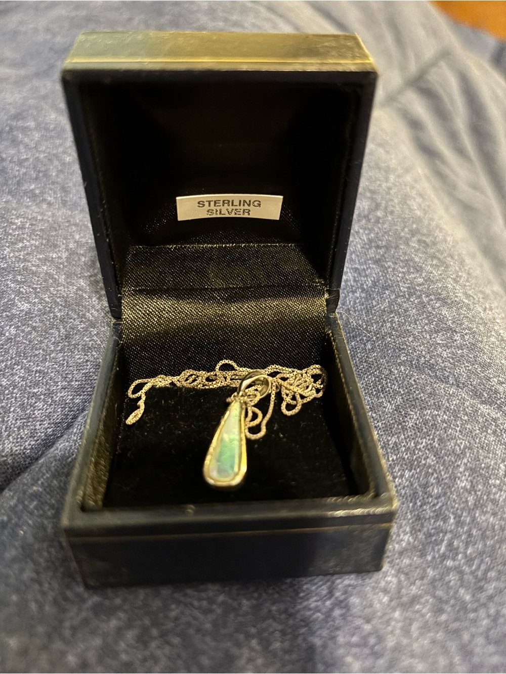 Sterling Silver Teardrop Opal Pendant Necklace - Iridescent Blue-Green